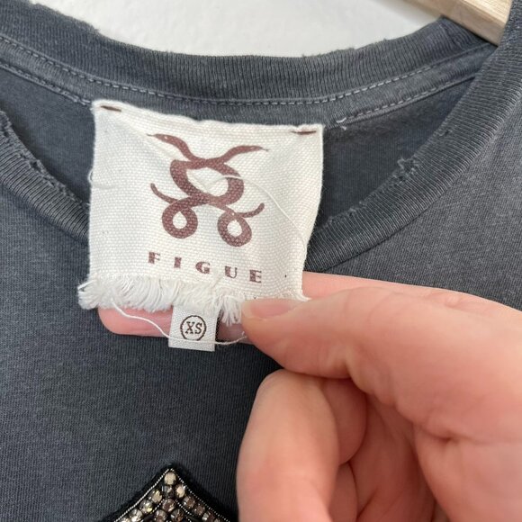 Figue Gray boho Embellished distressed Tee XS Cotton Womens Casual T-Shirt - Picture 4 of 12